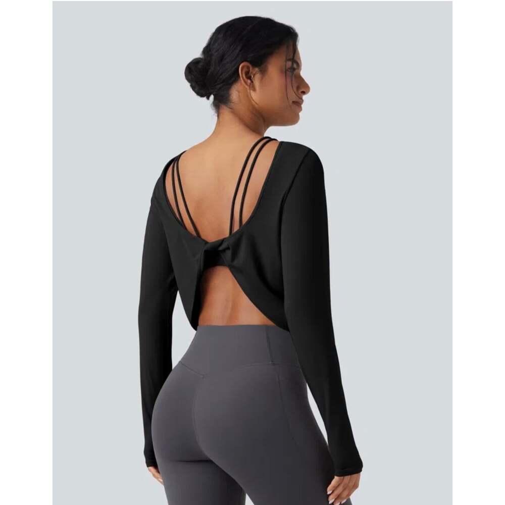 NWOT Halara SoftlyZero QuickDry Yoga Top Medium Black Twist Back Long Sleeve